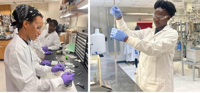 Left: Teah Scott from Howard University, REU student who participated in the REM program in 2021, conducts an experiment in Professor Raj Gounder’s lab. Right: Kayla Richardson from North Carolina A&T in Professor Jeff Miller’s lab
