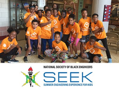 NSBE Seek logo and group of children from a SEEK camp
