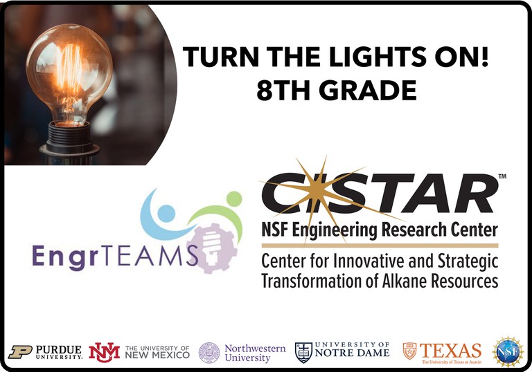 Turn the lights on 8th grade promotional image with EngrTeams and CISTAR logos and image of lightbulb